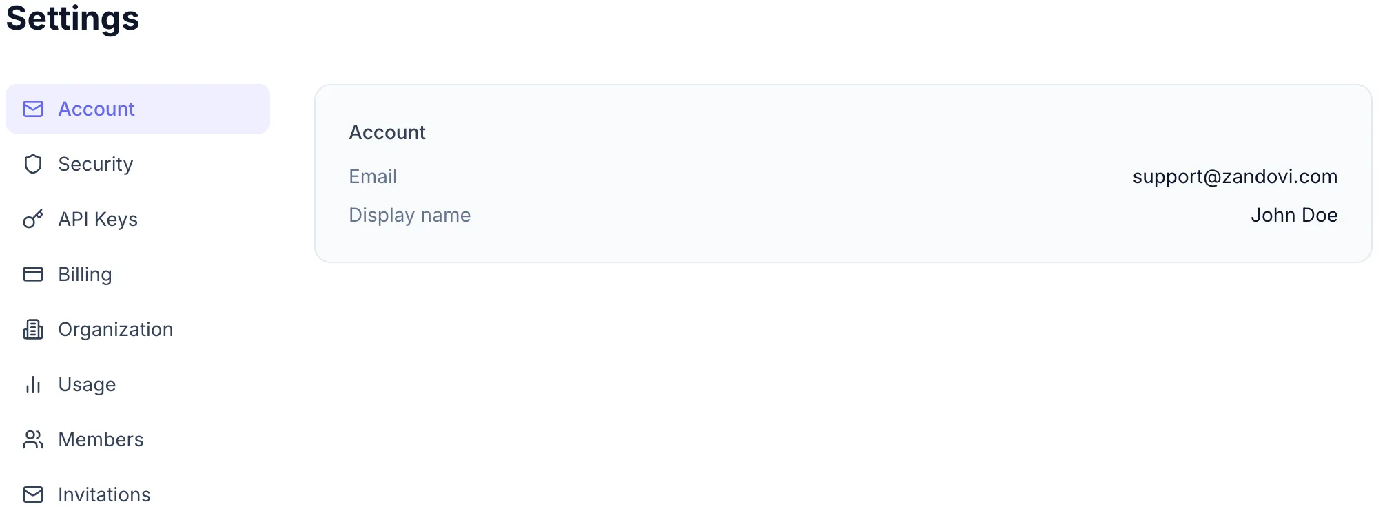 Settings page with the Account section active, showing the Email address (read-only) and Display name rows.
