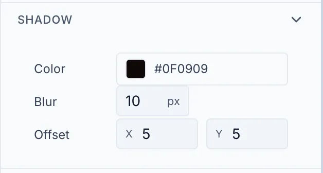 Shadow section expanded showing Color picker, Blur field (in px), and Offset with X and Y fields.
