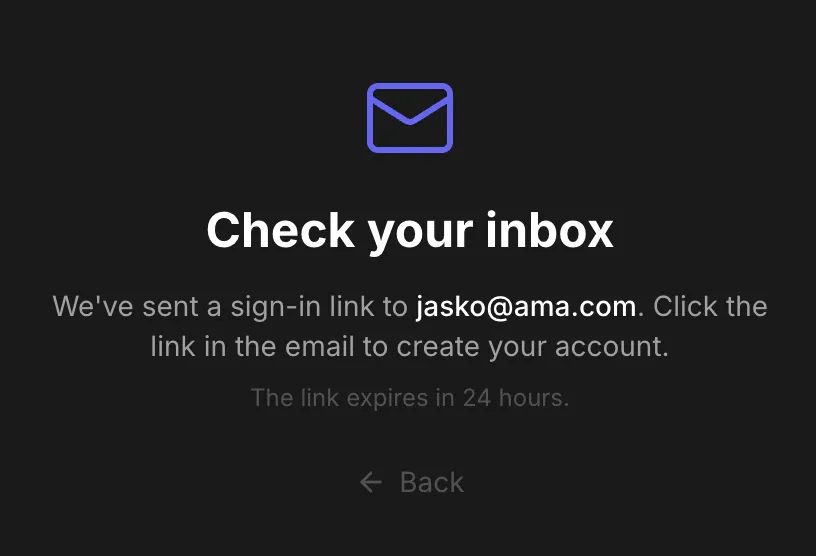 "Check your inbox" confirmation screen showing the email address and expiry note.