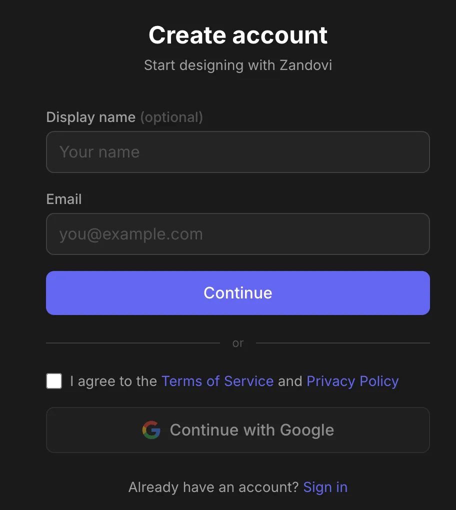 Registration page step 1. Shows the "Create account" heading, the display-name and email fields, the Continue button, the Terms of Service and Privacy Policy agreement checkbox, and a Continue with Google button.