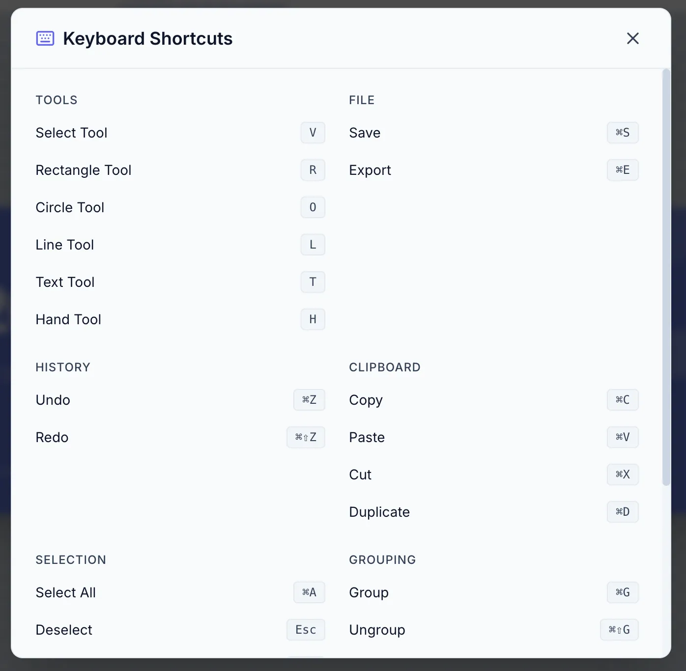 In-app Keyboard Shortcuts modal showing all shortcuts organized in sections.