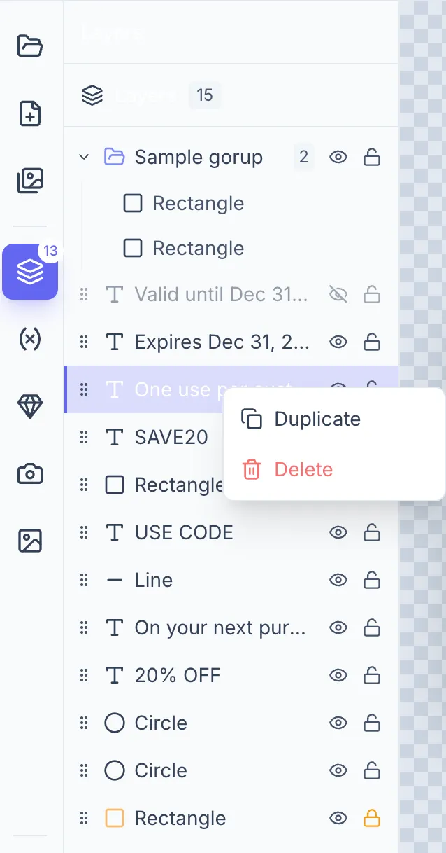 Layers panel open showing five layer rows. The top row is a group (expanded with a chevron, child rows indented). One row has the eye icon in its "hidden" state. Another row shows the lock icon. The context menu is open on one row with options: Group, Duplicate, Delete.