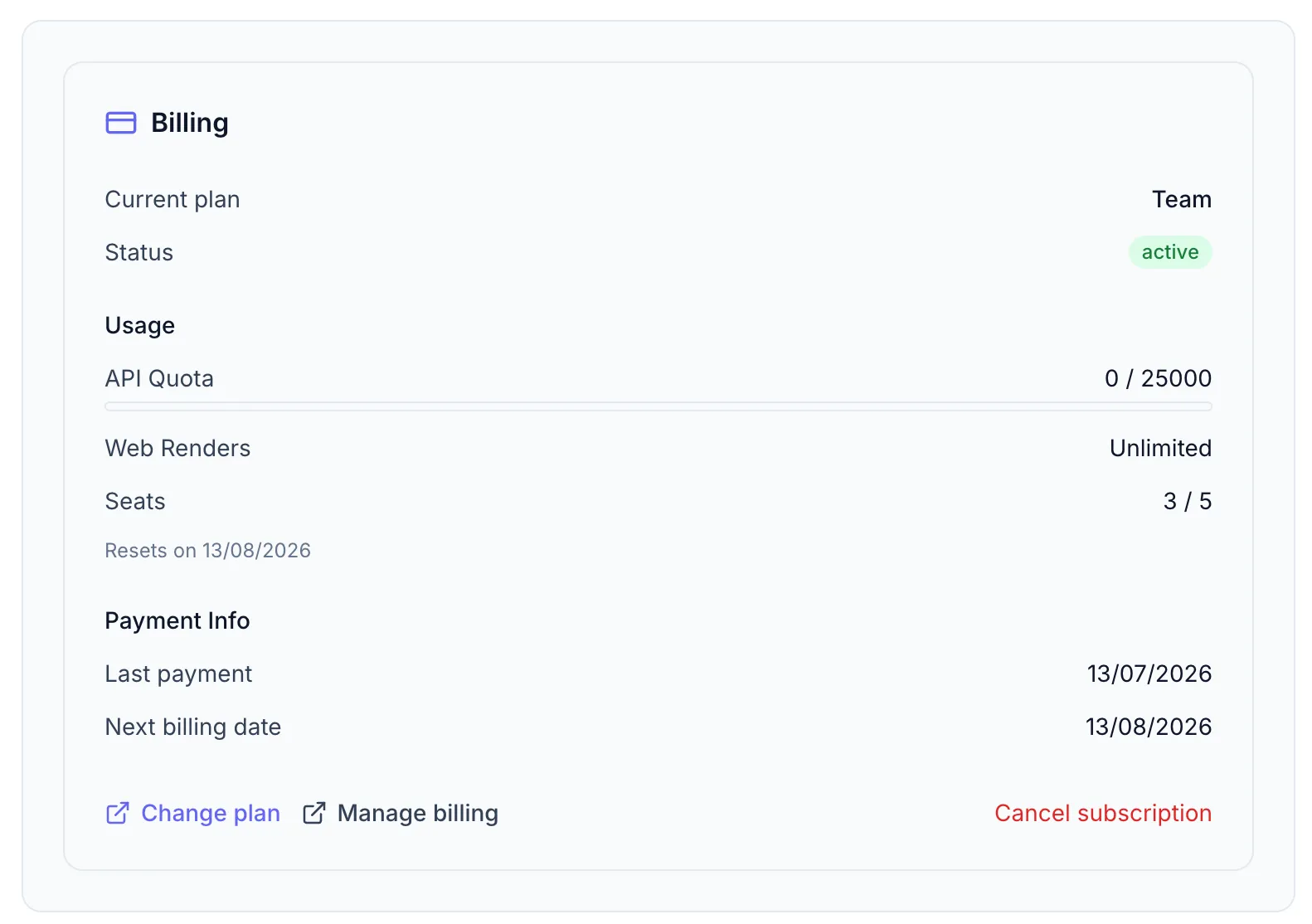 Billing section showing: current plan name, subscription status badge (ACTIVE in green), scheduled-change alert (amber box), usage bars for API Quota and Web Renders, payment info rows (last payment, next billing date), and the three action buttons: Change plan, Manage billing, Cancel subscription.