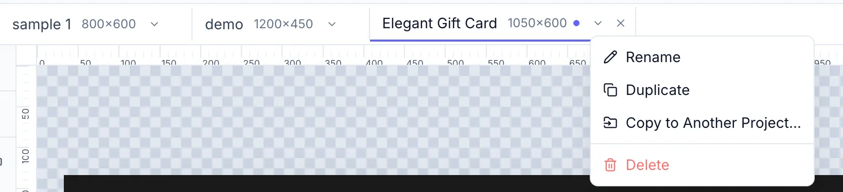 Template tab bar with three tabs: the first two have names and the third shows an unsaved-changes dot (orange dot next to the name). The tab options menu (⋯) is open on one tab showing: Rename, Save, Duplicate, Copy to Project, Delete.