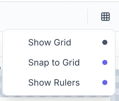 Header View options dropdown open, showing three toggle items: Show Grid (checked), Snap to Grid (checked), Show Rulers (unchecked). Each item shows a filled or empty circle indicating current state.