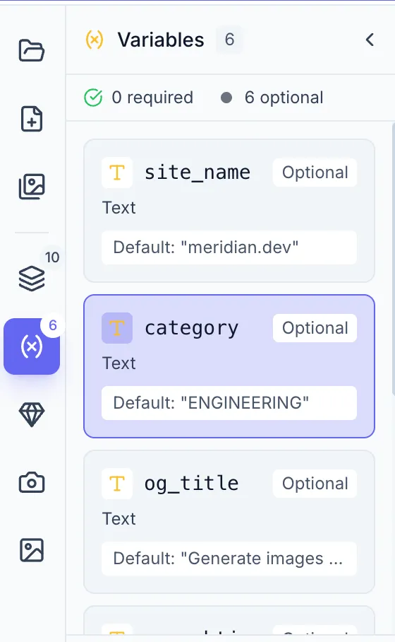 Variables panel listing four variables: a Text type (first_name, Required), a Text type (discount_code, Optional), a QR type (redemption_url, Required), and an Image type (profile_photo, Optional). Each row shows the variable name in code style, the type icon, and the Required/Optional badge. Clicking a row selects that element.