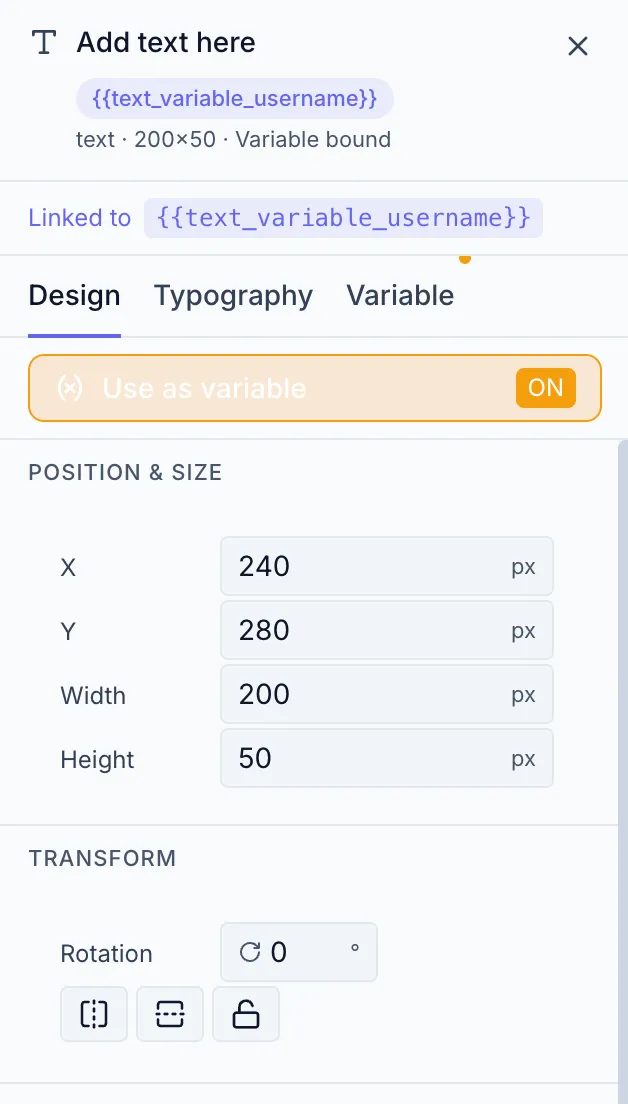 Properties panel with a text element selected, showing all three tabs — Design, Typography, Variable — in the tab bar, with Design active. The element header at the top shows the element icon, a truncated name, a {{variable_name}} badge, and size info.