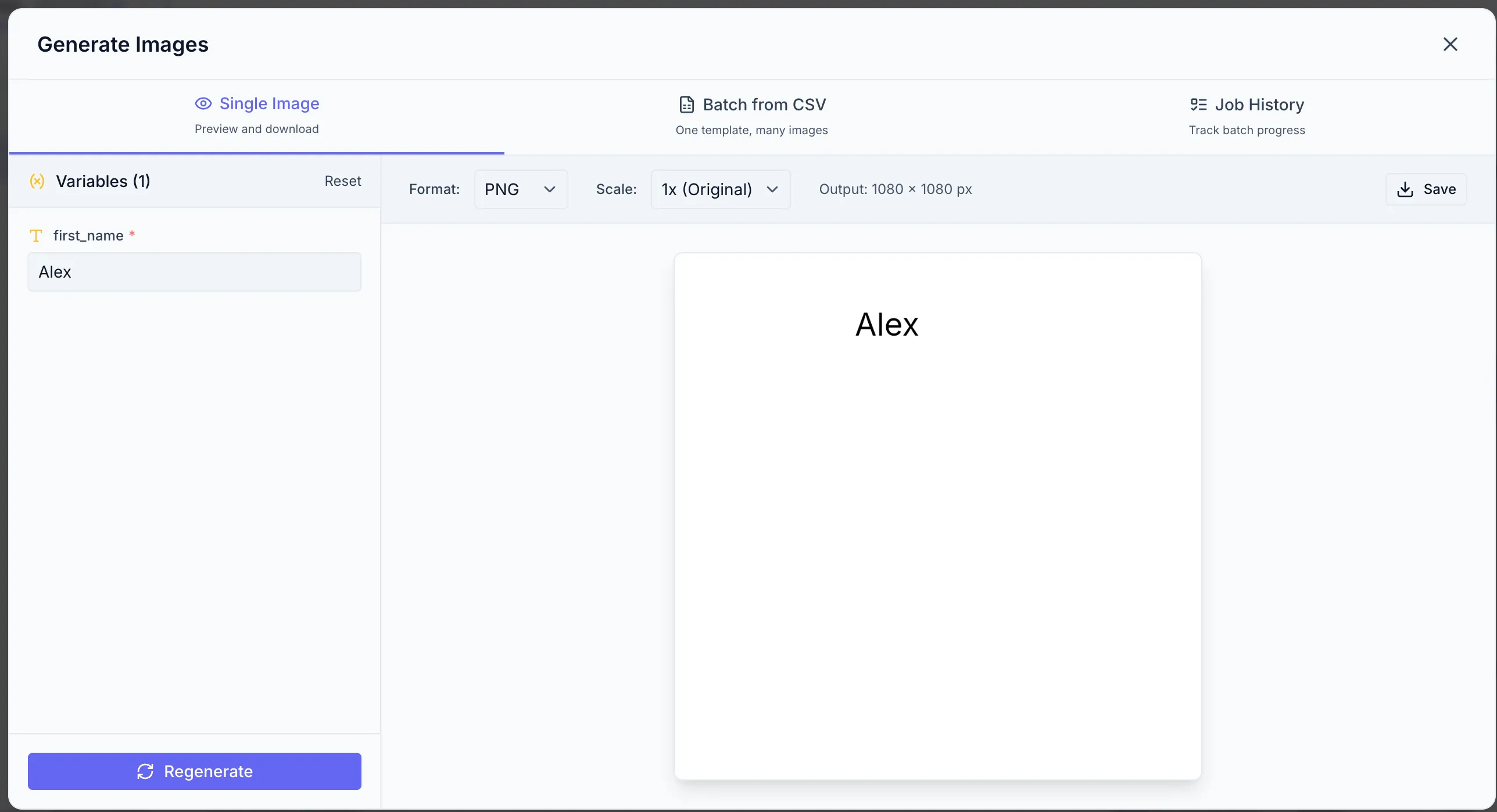 The Generate & Download modal, Preview tab. Left side shows the Variables panel with first_name filled in as "Alex". Right side shows the rendered preview image.