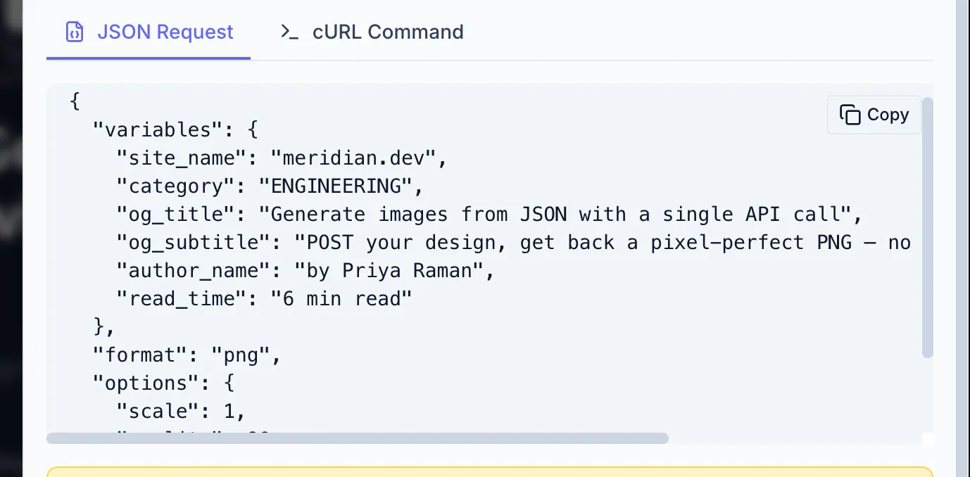 Variable tab showing the API Preview code block with a JSON schema fragment for a text variable, including type, label, required, and default fields.