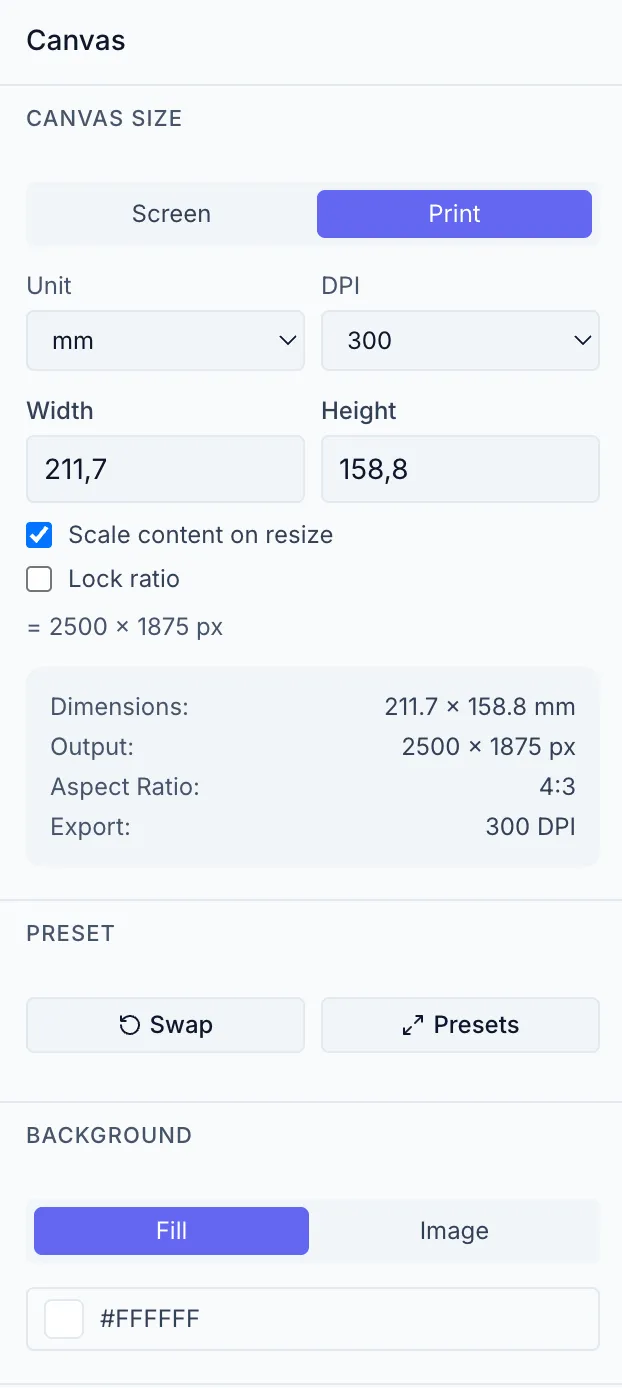 Properties panel in Canvas mode (no selection). Shows preset buttons (e.g. "1080×1080", "1920×1080"), Width and Height inputs with a unit selector and a swap-dimensions (↔) button, Output Intent (Screen/Print), Export DPI field, and a canvas fill/gradient picker.