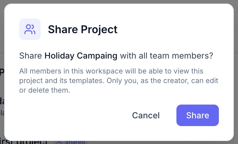 Share confirmation dialog with a brief description of what sharing does, and Cancel / Share buttons.