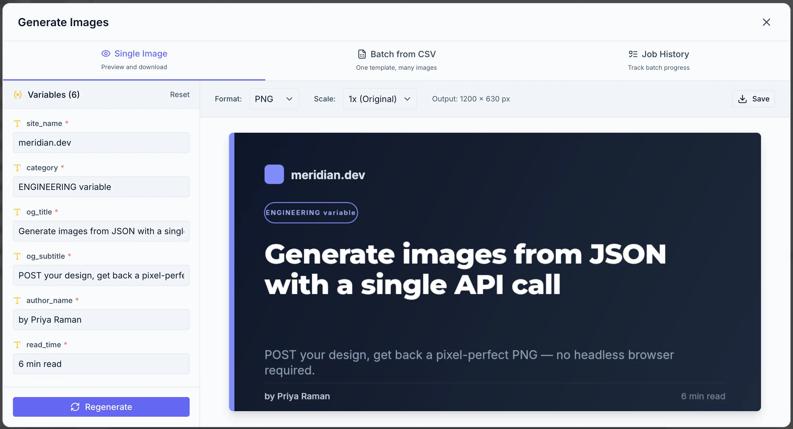 Generate & Download modal, Preview tab. Left column: Variables (3) section with three labeled input fields filled in and a Reset button at the top. Right area: Generate Preview button and the rendered image result below it. Bottom: Download PNG button and the format dropdown