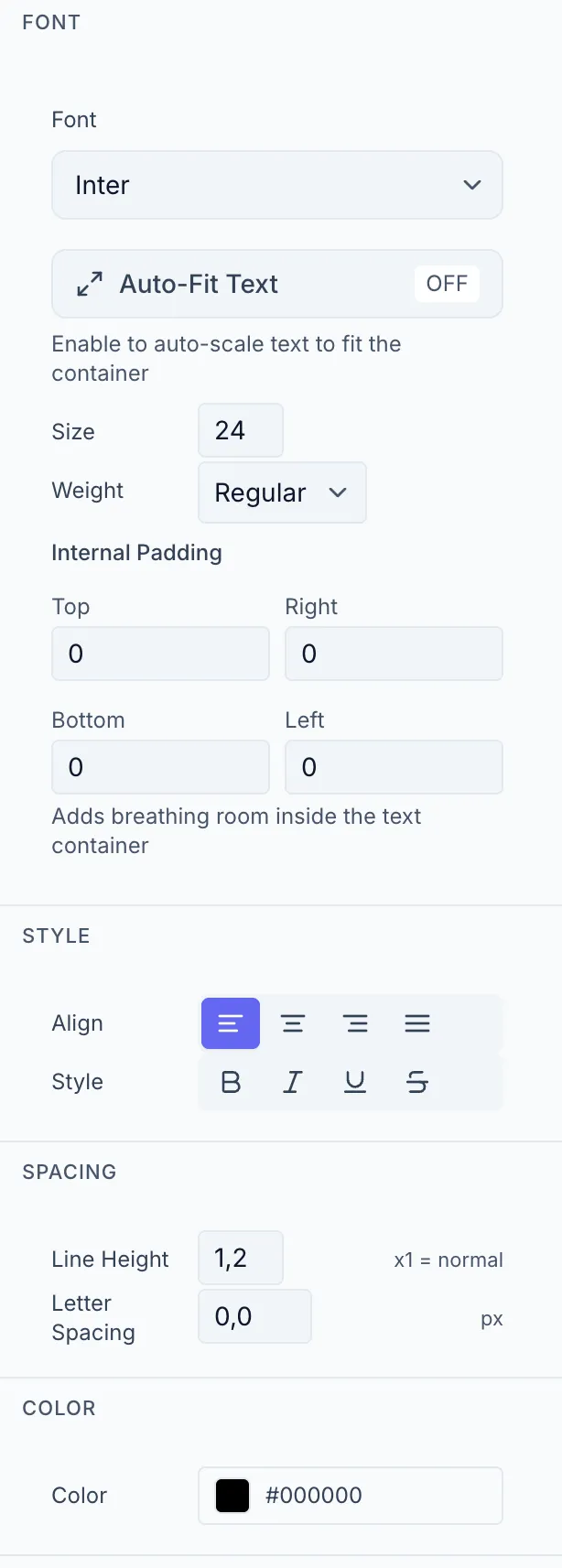 Properties panel with the Typography tab active and all sections fully expanded: Font (with Auto-Fit toggle in ON state showing Min/Max/Overflow fields), Internal Padding, Style (Align + Bold/Italic/Underline/Strikethrough), Spacing (Line Height, Letter Spacing), and Color.