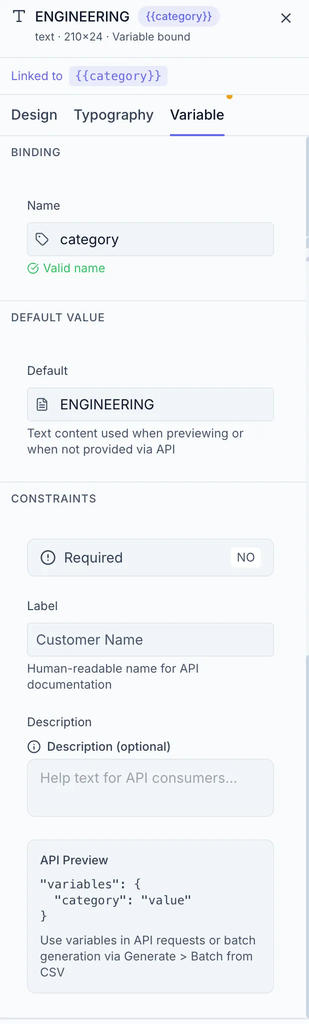 Variable tab for a text element. Shows the Name input (filled with "discount_code", a checkmark validation icon), Default input (filled with "SAVE10"), Required toggle (YES), Label input (filled with "Discount Code"), Description textarea (empty), and an API Preview code block showing the JSON schema fragment.